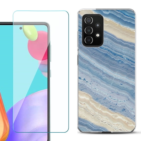 Slim-Fit Flexible Gel TPU Phone Case compatible with Samsung Galaxy A52 5G, with Tempered Glass Screen Protector, by OneToughShield ® - Marble/ Marina Blue