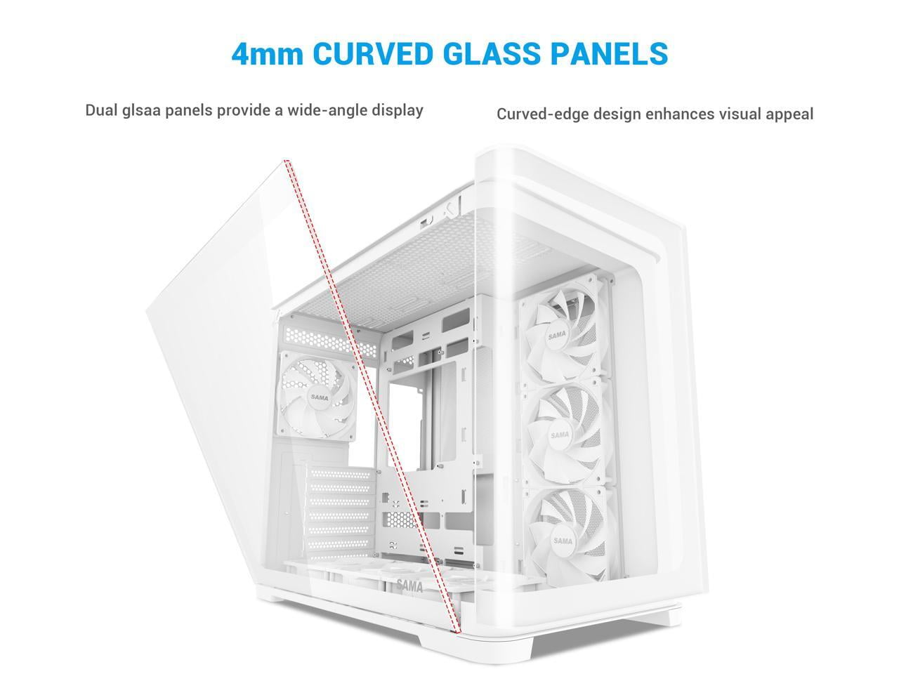 SAMA V60 PC Case, Mid-Tower Computer Case, A Curved Tempered Glass, 7 Pre-Installed ARGB PWM Fans and Fan Hub, USB Type-C, ATX/MATX/ITX Back-Connect Support, 360mm Liquid Cooler Compatible, White