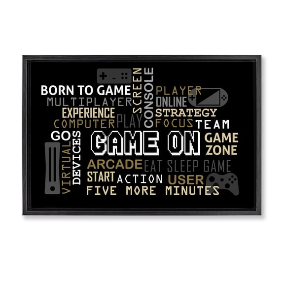 Stupell Industries Contemporary Game On Gamer Typography Black Floating Frame Canvas Art, 25 x 17, by Kim Allen