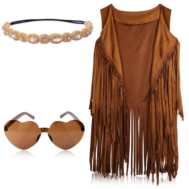 Conjunto de disfraz KINBOM de los años 60 y 70, hippie para mujer, chaleco con flecos, XXXL