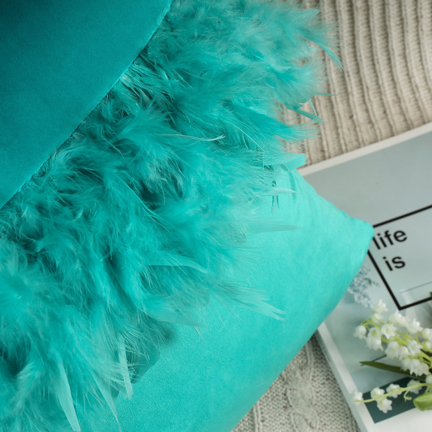Phantoscope Feather Velvet Decorative Throw Pillows, 18 x 18 in, Turquoise, 2 Pack