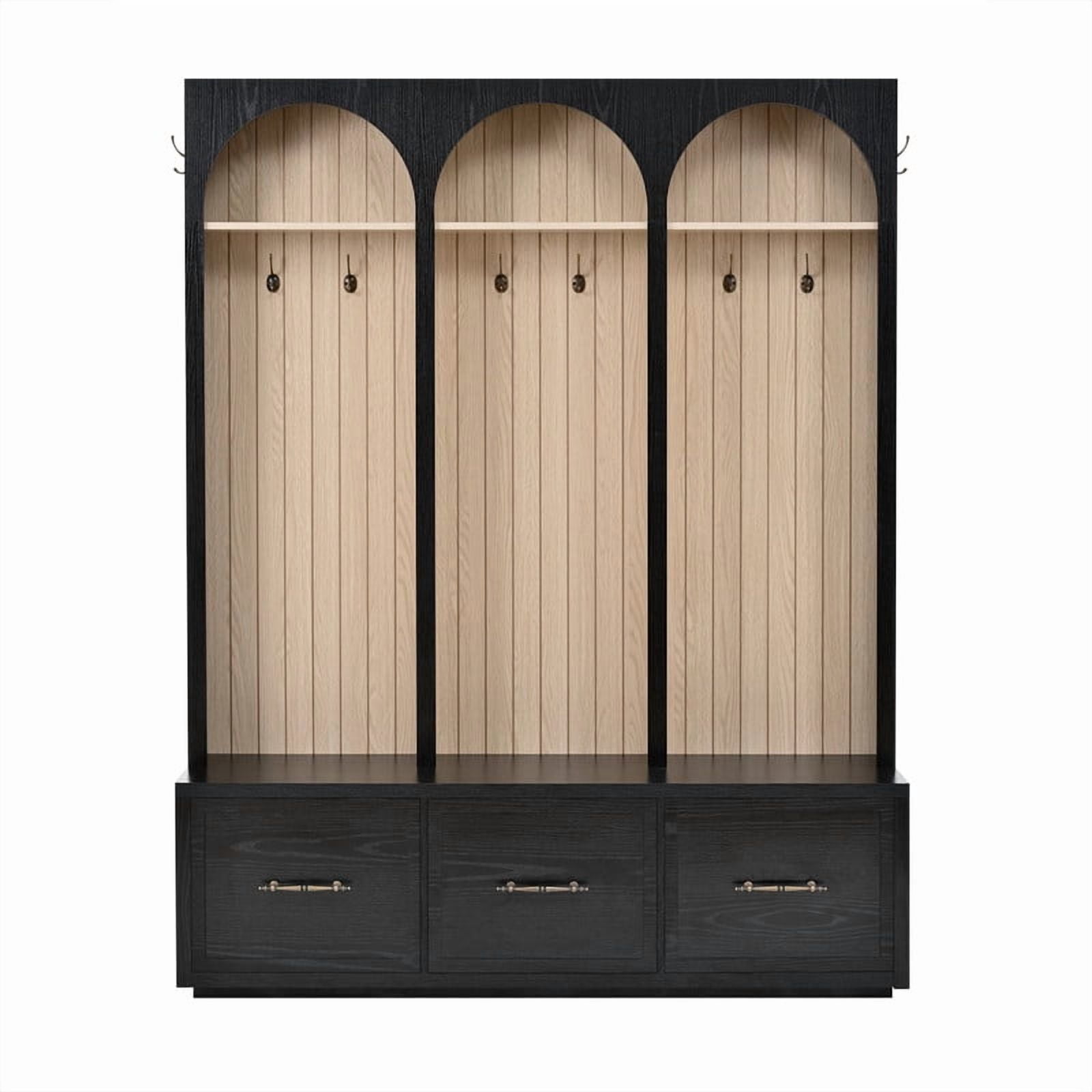 Farmhouse Arched Design Hall Tree with Retro Hooks, Entryway Seating Bench with 3 Storage Drawers, Elegant Coat Rack for Living Room