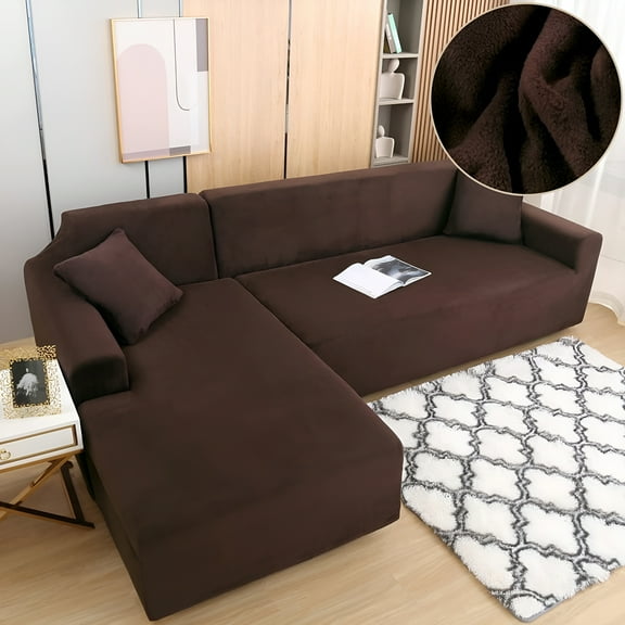 LAMIRO Sectional Sofa Slipcovers L Shape Couch Cover,2Pcs Thick Velvet Stretch Anti-Slip Couch Covers for 3   3 Seaters Chaise,Furniture Protector Slip Cover for Living Room Pets Kids (Brown)