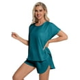 thumbnail image 4 of DAKIMOE Womens Silk Stain Pajamas Set Short Sleeve Soft Sleepwear Top With Shorts Set PJ Loungewear, Peacock Blue, M, 4 of 8