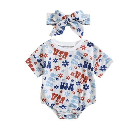

Carolilly Independence Day 0-2Y Baby Girls Jumpsuit Casual Summer Floral/ Letter Print Short Sleeve Waffle Romper for Newborn Toddler