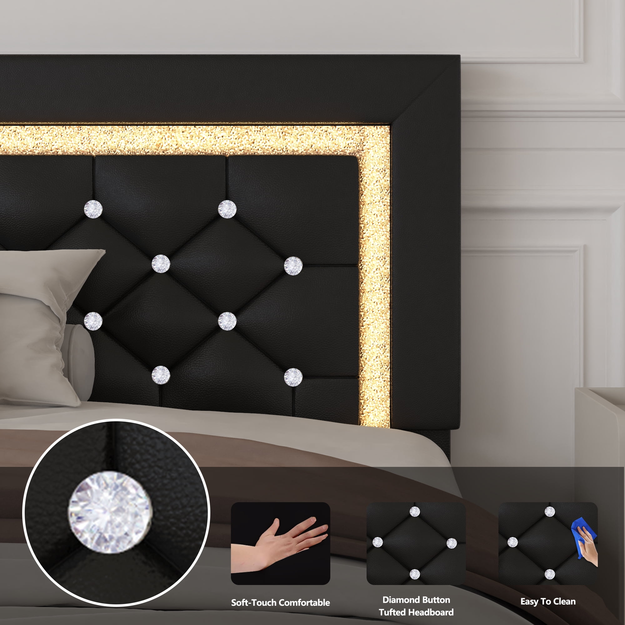4 EVER WINNER Full Size LED Bed Frame with Storage, Upholstered Platform Bed with 4 Drawers, Adjustable LED Lights Headboard, Black