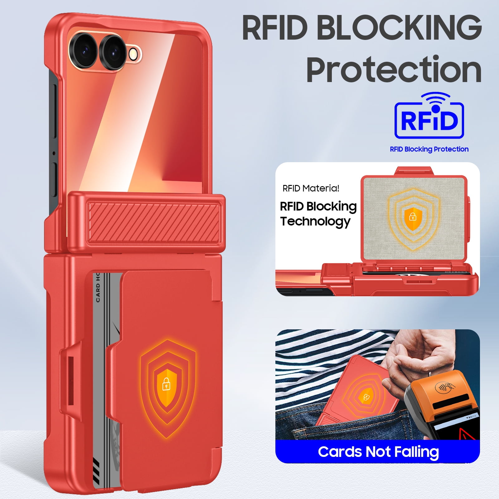 Vizvera for Samsung Galaxy Z Flip 7 Phone Case with Card Holder RFID Blocking,Built in Hinge Protection, Screen Protector-Rose Red