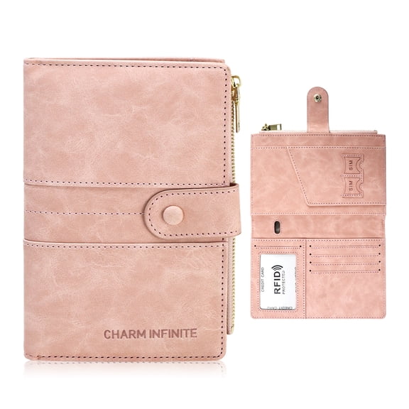 RFID Blocking Passport Holder with Vaccine Card Slot Protector Passport and Vaccine Card Holder Combo Leather Bi-fold Large Capacity Travel Wallet With Zipper Gifts for Women Men(Pink)