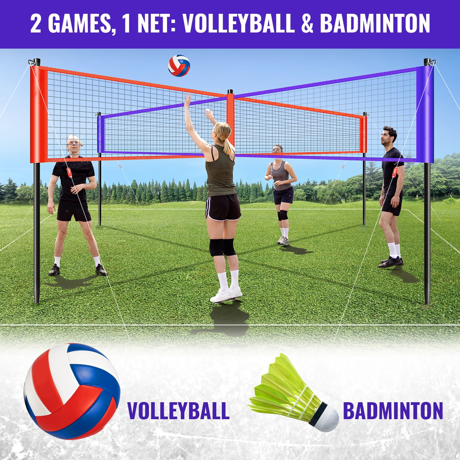 CureCalor 4 Way Volleyball Net Set, Adjustable Height, 4 Square Volleyball Set for Backyard & Beach