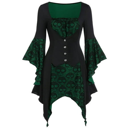 

Women Gothic Vintage Skull Lace Dress Trumpet Sleeve With Corset Steampunk Irrighlar Hem Halloween Costumes Dresses