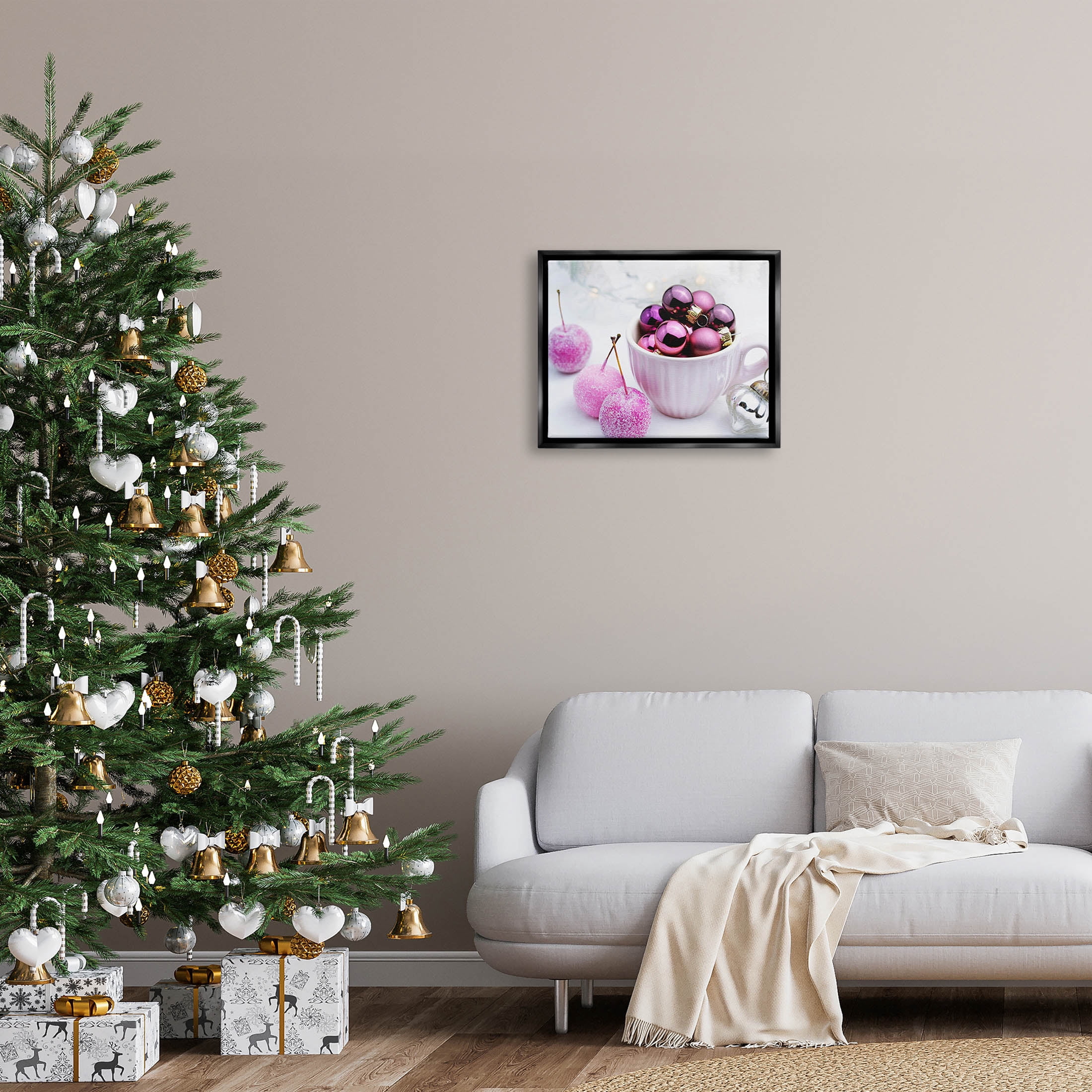 Glimmering Pink Christmas Ornaments Holiday Photograph Jet Black Framed Art Print Wall Art