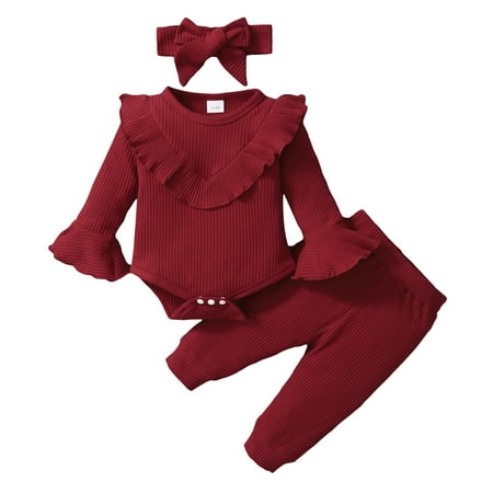 

KIMI BEAR Newborn Baby Girls Romper Outfits 6 Months Newborn Girls Fall Winter Clothes 12 Months Girls Pit Stripe Flared Long Sleeve Jumpsuits Pants Headband 3PCs Set Burgundy