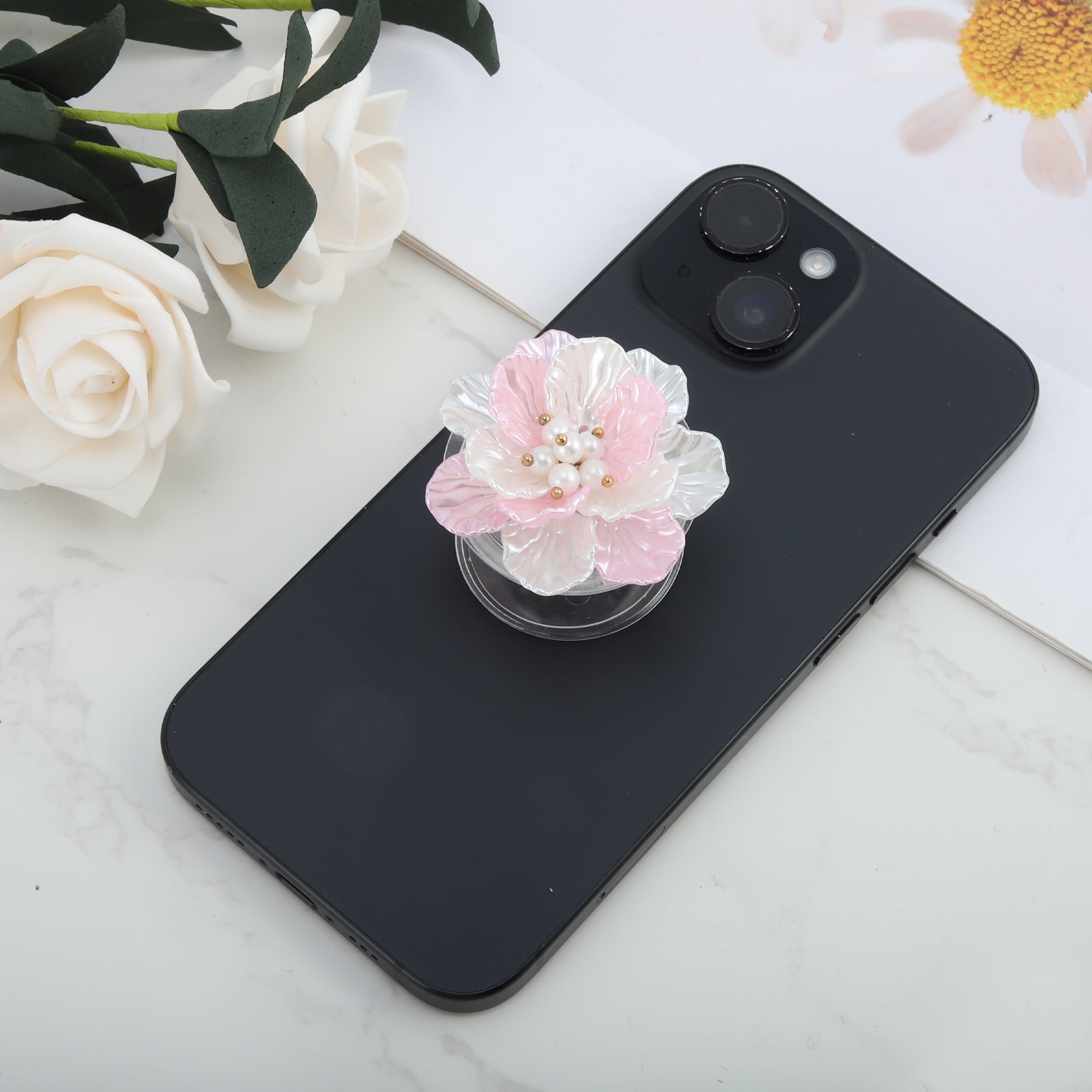 Unique Bargains Shell Flower Phone Grip 1 Pc Pink White