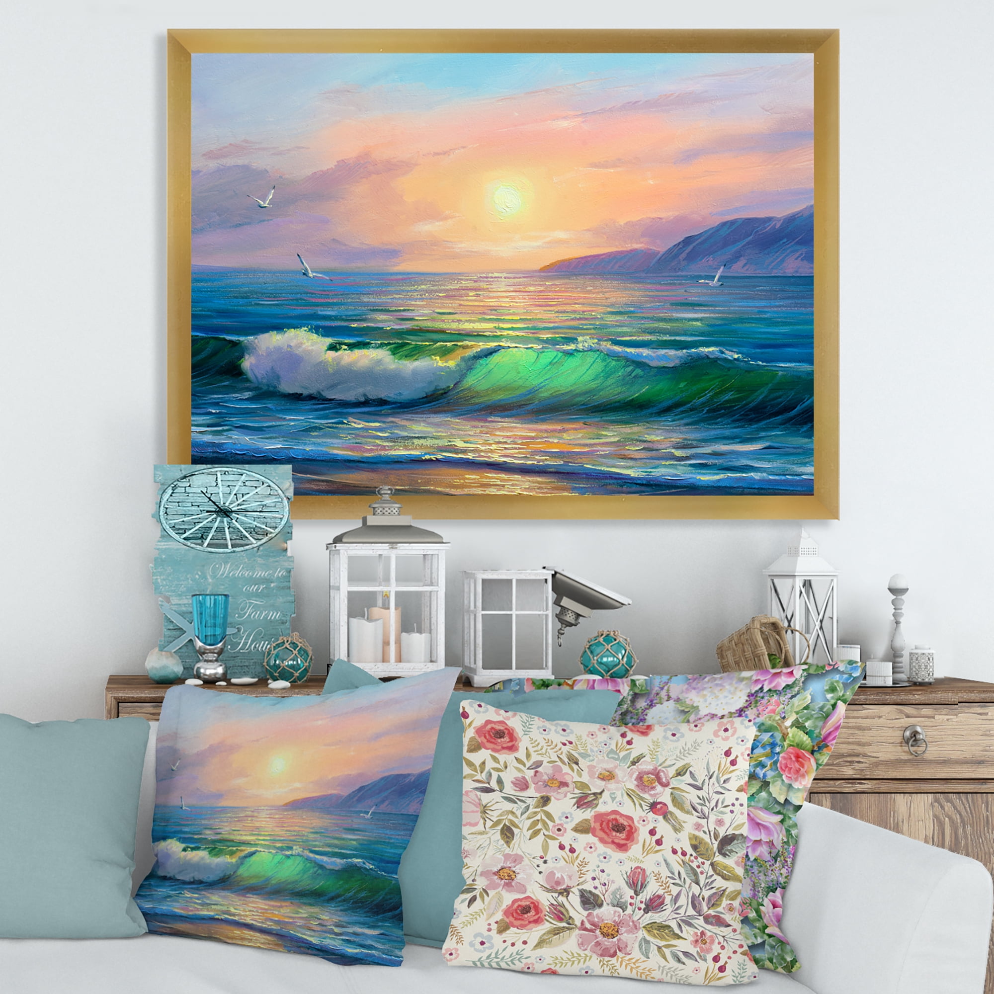 Designart 'Blue Waves Breaking At The Beach Landscape V' Nautical & Coastal Framed Art Print