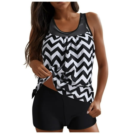 Xudanell WomenS Two-Piece Tankini Swimsuits For Women With Striped Tank Top And Boyshorts Honeymoon Trips  Swimming  And Spa Retreats Tankini Swimsuits For Women (T-Black XL)