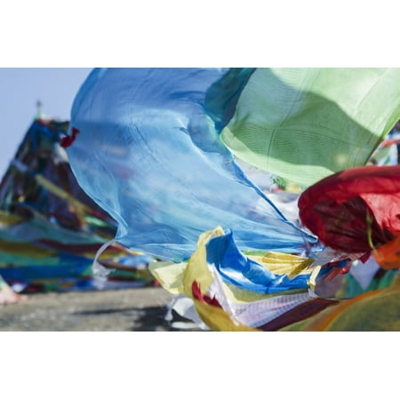 Blessing colourful Tibetan prayer flags (Lung ta) under the blue sky Tibet Canvas Art - Sergey Orlov Design Pics (38 x 24)
