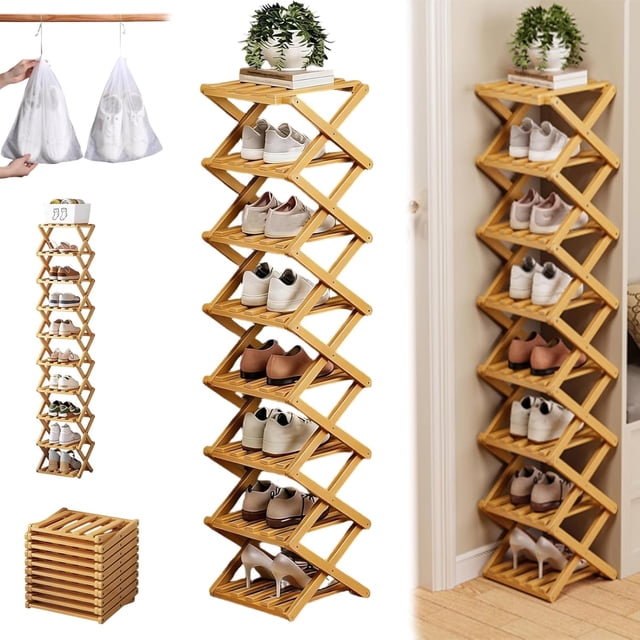 The 9-Tier No-Assembly Bamboo Rack, 2026 New Foldable Vertical Storage Organizer, Eco-Friendly, Durable, and Beautiful, No Installation Required, for Entryway Closet Dorm (Nature,8 Tier)