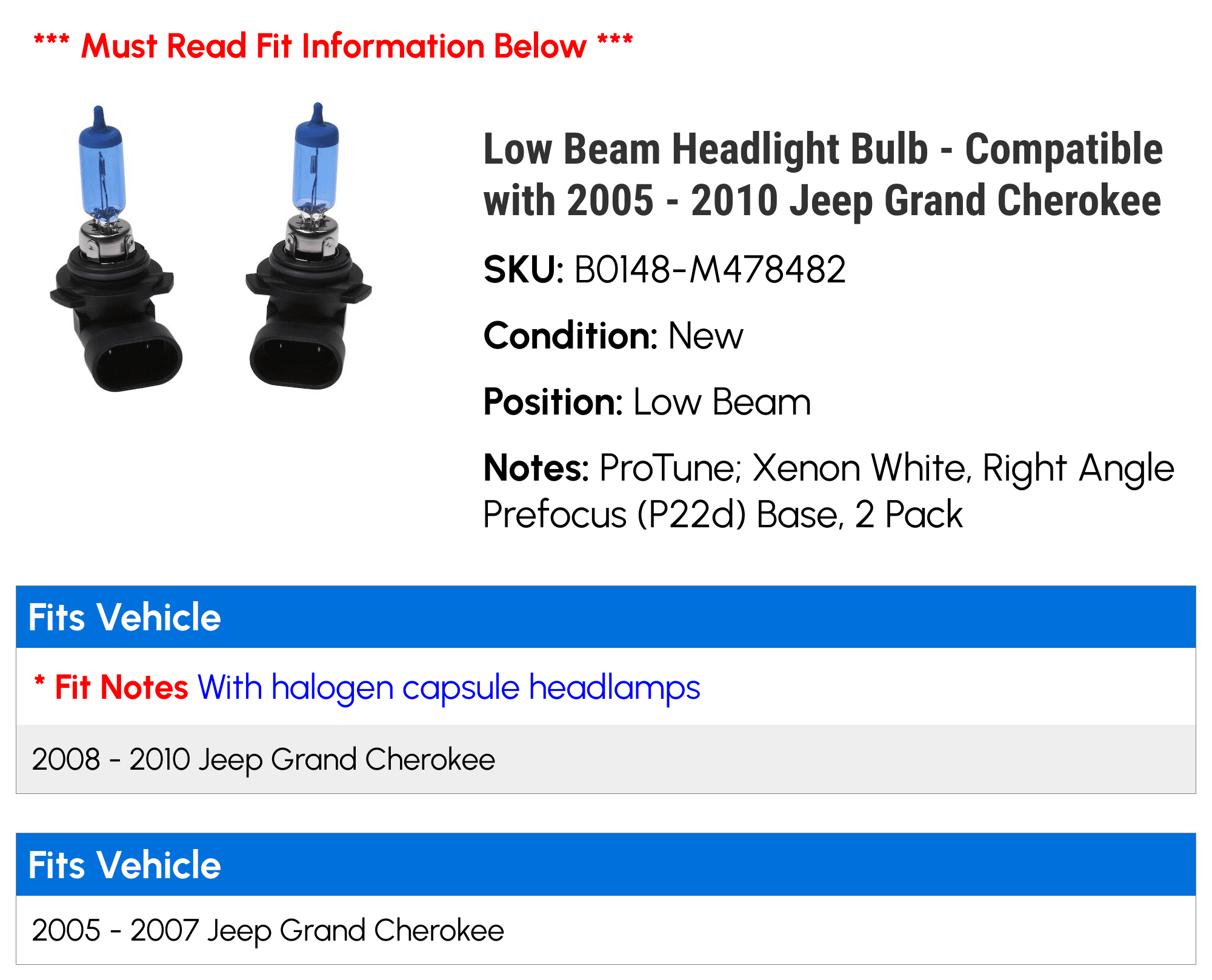 Low Beam Headlight Bulb - Compatible with 2005 - 2010 Jeep Grand Cherokee 2006 2007 2008 2009