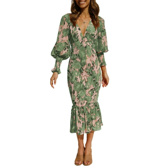 Gureui Women's Autumn Long Dress, Floral/Leaves Printing V-neck Puff Long Sleeve Backless Tie Up Elastic Waist Flouncing Slim Fit Party Vacation Skirt