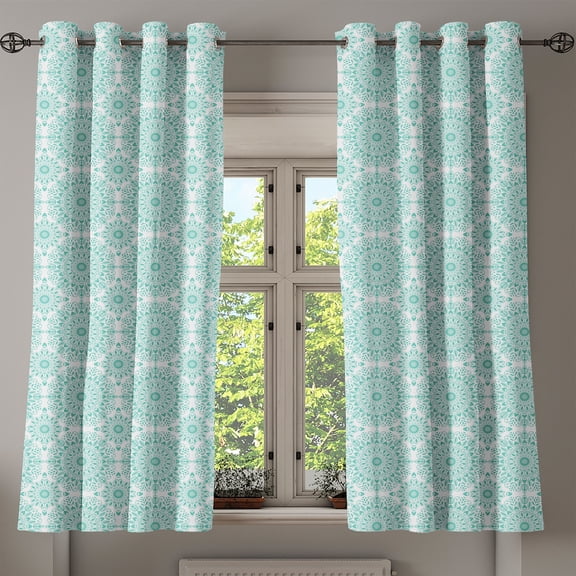 Ambesonne Mandala Grommet Curtain, Oriental Swirls, 50" x 54", Aqua and White