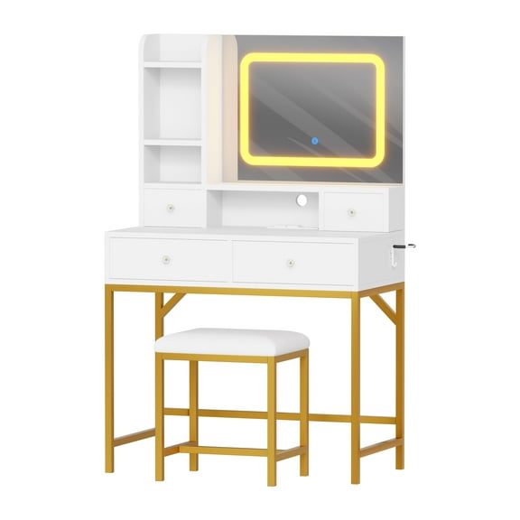 Makeup Vanity Desk and Stool with Mirror, Modern Vanity Table with Charging Station, 4 Drawers and 2 Open Shelves, 3 Lighting Mode Adjustable Dressing Table Set for Bedroom, Makeup Studio