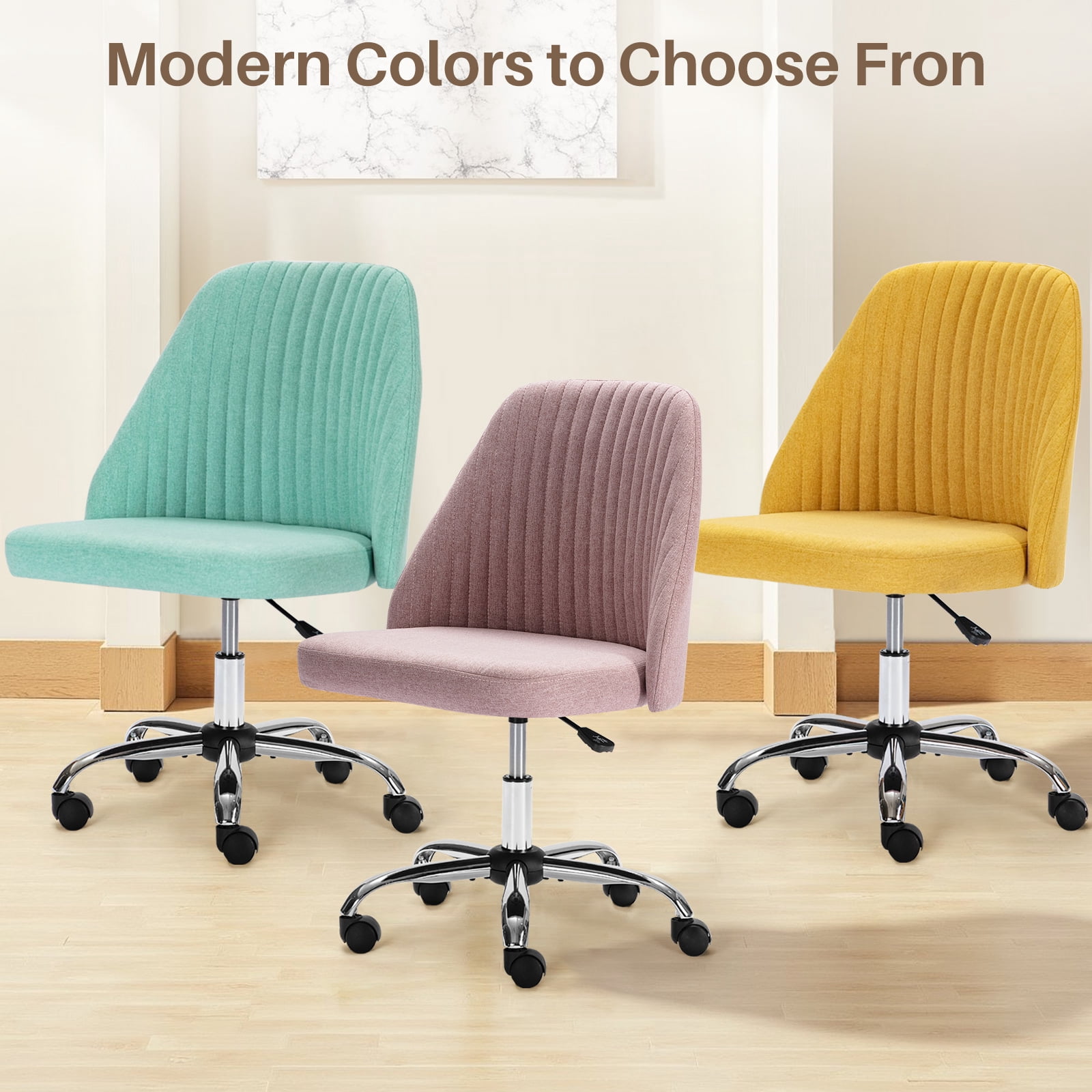 Colorful Linen Desk Chair, Comfy Thick Seat with Swivel Wheels, Armless Task Chair, Green
