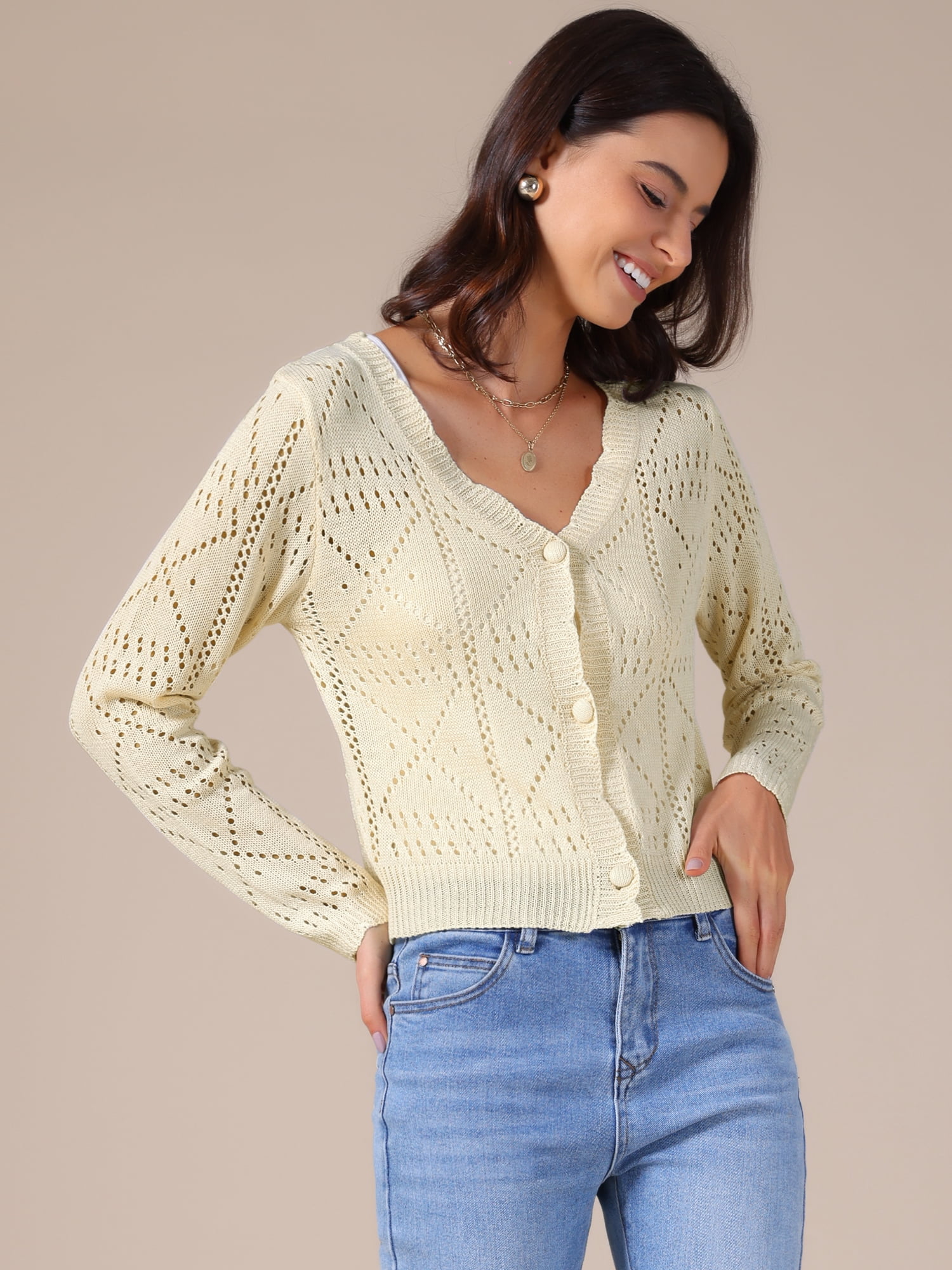 DARING DIVA Women's Long Sleeve Cropped Knit Button Up Crochet Cardigan S Beige