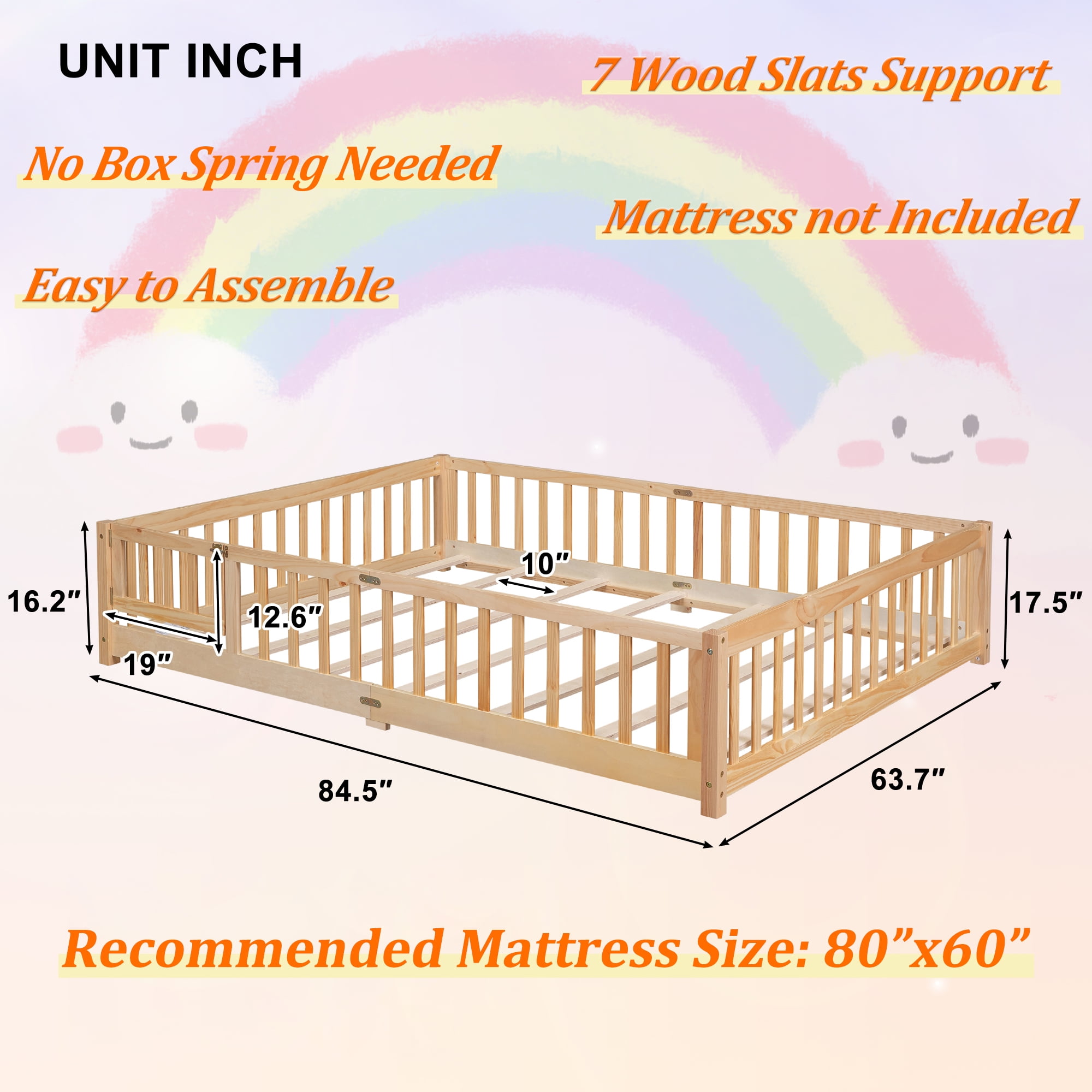UHOMEPRO Queen Size Floor Bed with Door and Fence for Kids, Toddler Bed Montessori Floor Bed with Slats and Safety Guardrails, Solid Wood Queen Bed Frame for Girls Boys Kids Bedroom, Natural