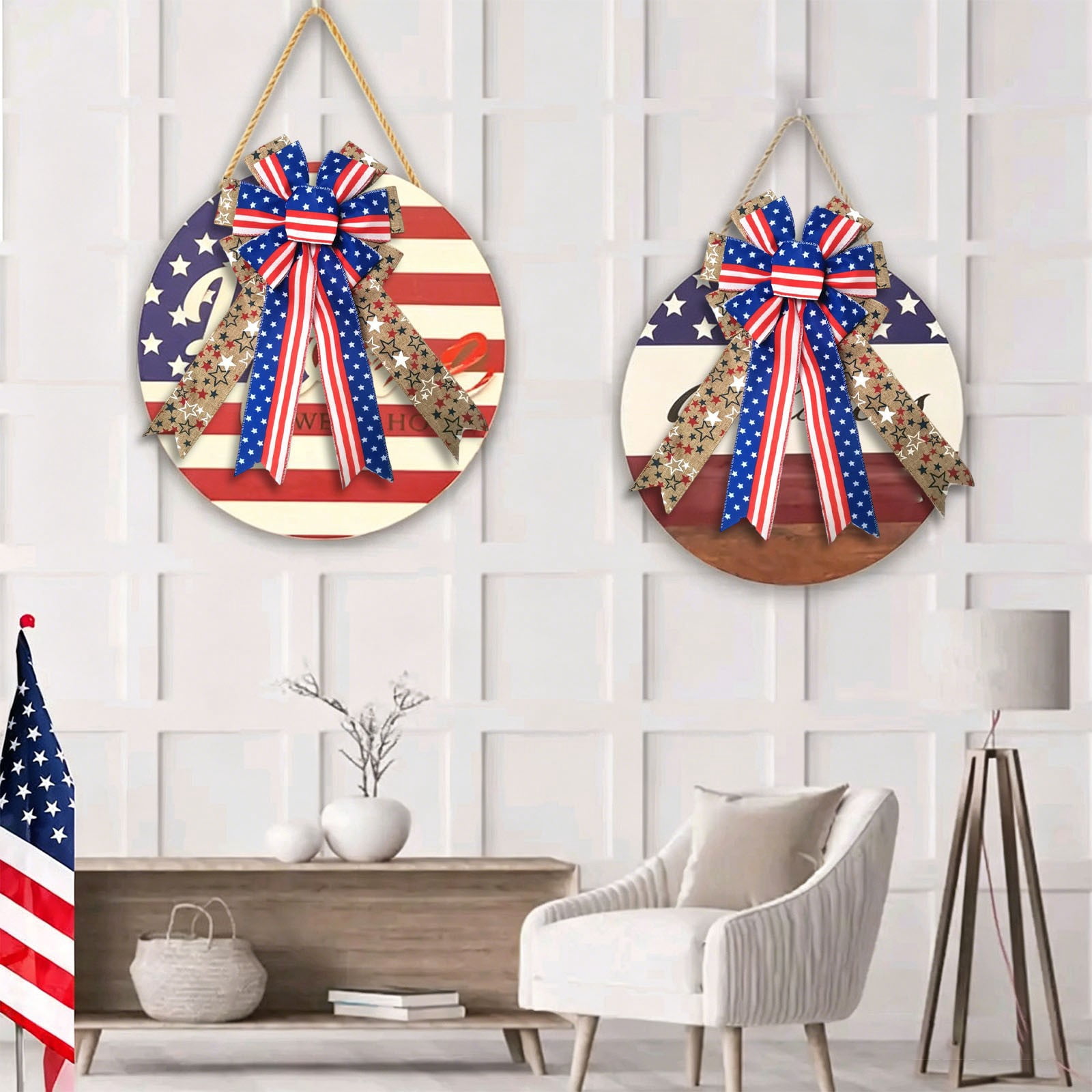 Independece Day Wreath Bows, Patriotic Decor Bows for July 4th Wreath, America Flag Strip Burlap Bow for Front Door Memorial Day, Patriotic Tree Topper Decor Indoor Outdoor Supplies