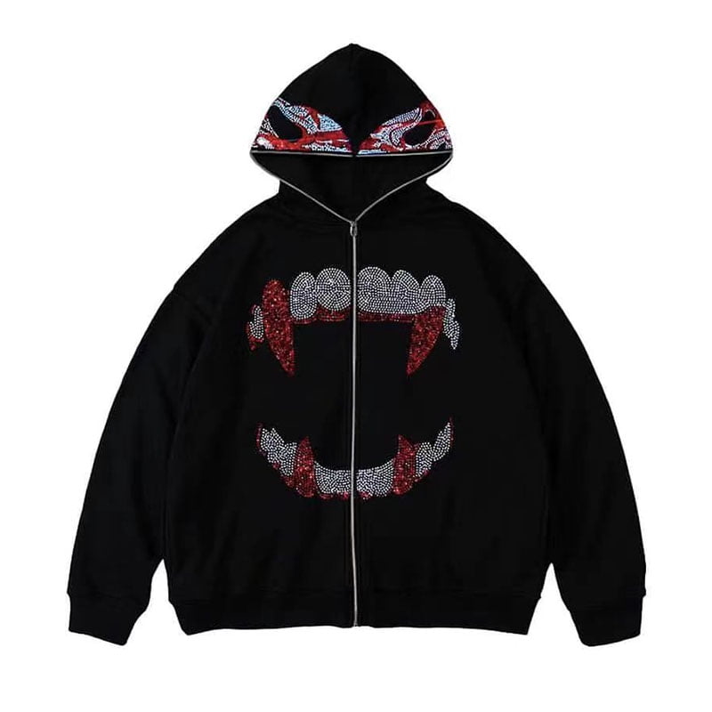 Punk Men Y2K Fashion Hoodie Evil Rhinestones Graphics Zip Up