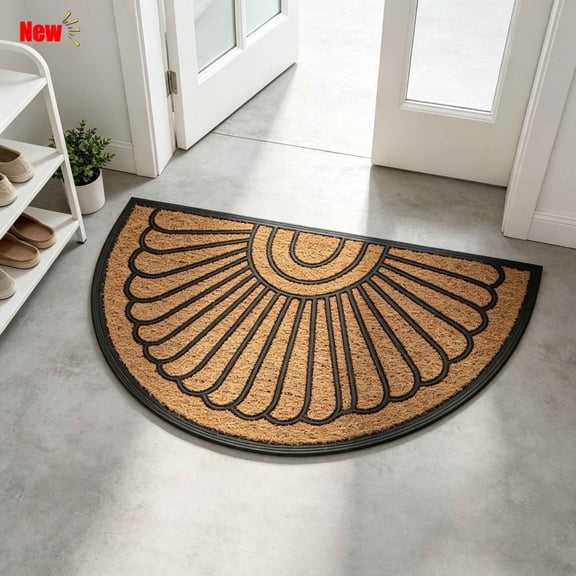Half‑Circle Coir Doormat,Sunburst Embossed Entryway Floor Mat,Rubber Backing for Front Door Porch Outdoor Indoor Household Use