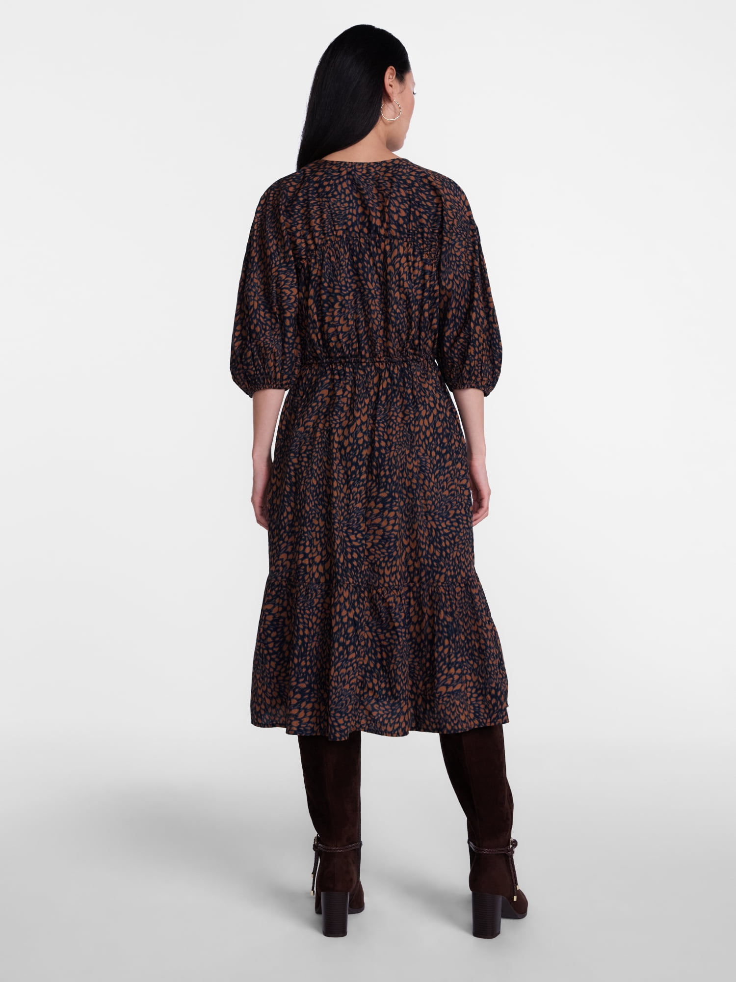 Scenario Women's and Women's Plus Midi Dress with Puff Sleeves, Sizes XS-4X