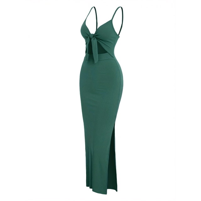 Vibrant V-Neck Cami Dress Sexy Cut Out Split Hem Sleeveless Flowy Essential