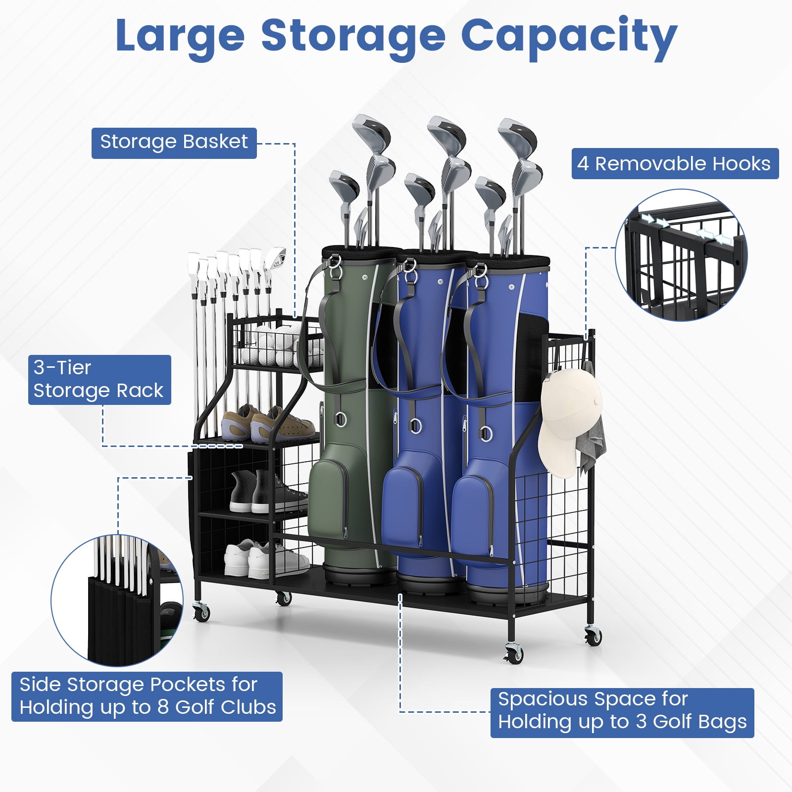 Gymax Golf Bag Organizer 3 Golf Bag Stand for Clubs Balls and Golfing Equipment