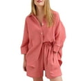 thumbnail image 1 of hirigin Women 2Pcs Nightwear Suit, Solid Color 3/4 Sleeve Single-Breasted Turn-Down Collar Shirt + Elastic Waist Short Pants, 1 of 2
