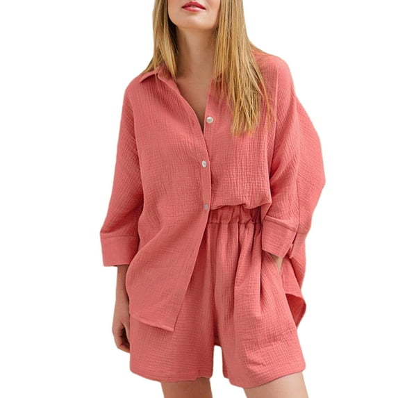 hirigin Women 2Pcs Nightwear Suit, Solid Color 3/4 Sleeve Single-Breasted Turn-Down Collar Shirt + Elastic Waist Short Pants