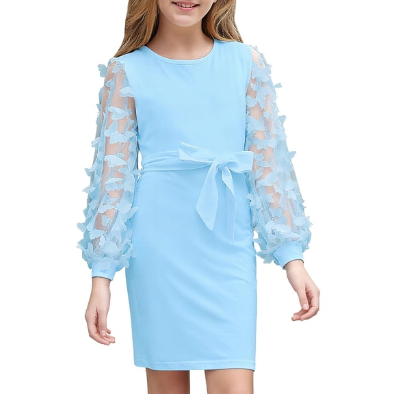 Aideaone Girls Butterfly Dress 3D Applique Mesh Puff Sleeve Belted Party Dress 7-16 Years