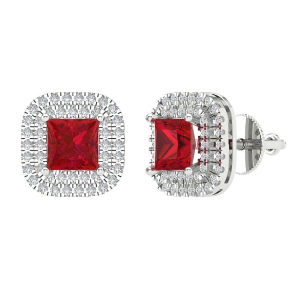 Clara Pucci 2.46 ct Brilliant Princess Cut Halo Studs VVS1 Genuine Conflict free Red Ruby Solid 18K White Gold Designer Everyday Earrings Screw back