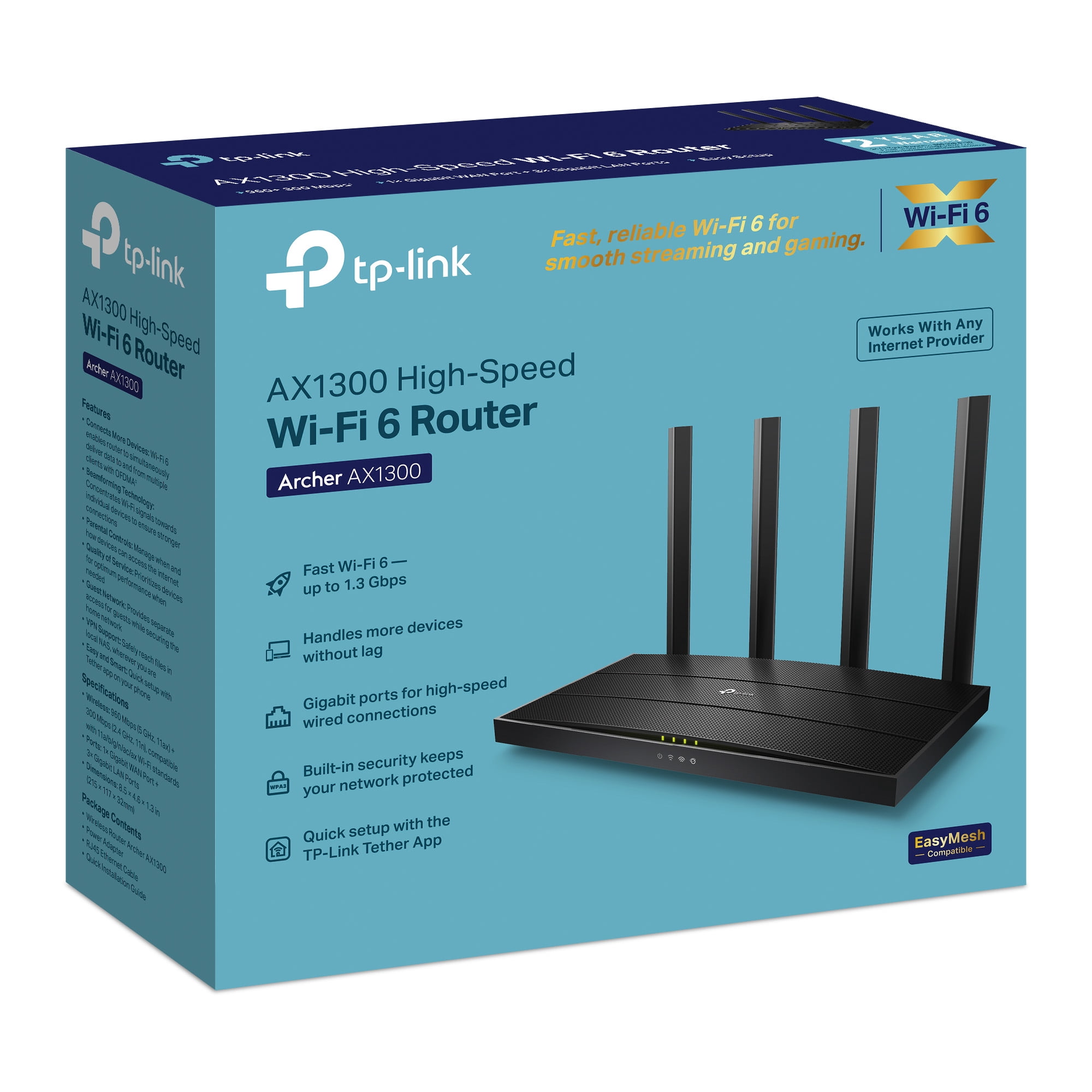 TP-Link Archer AX1300 Dual-Band High-Speed Gigabit Wi-Fi 6 Router, works with all Internet Service Providers, WPA3 Security, Easy Setup via Tether App - Archer AX1300