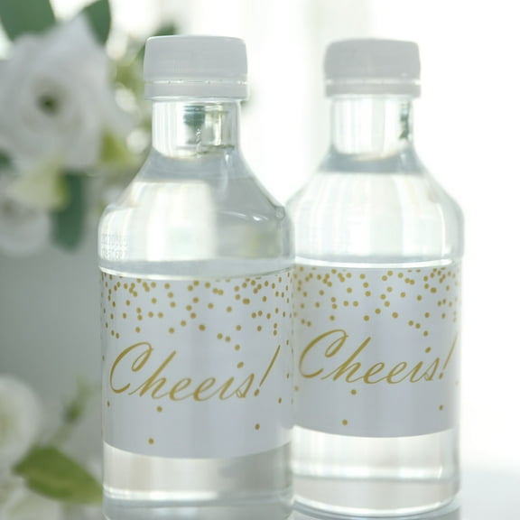 Efavormart 24 Pack | White And Gold Cheers Wedding Party Water Bottle Labels, Waterproof Label Stickers