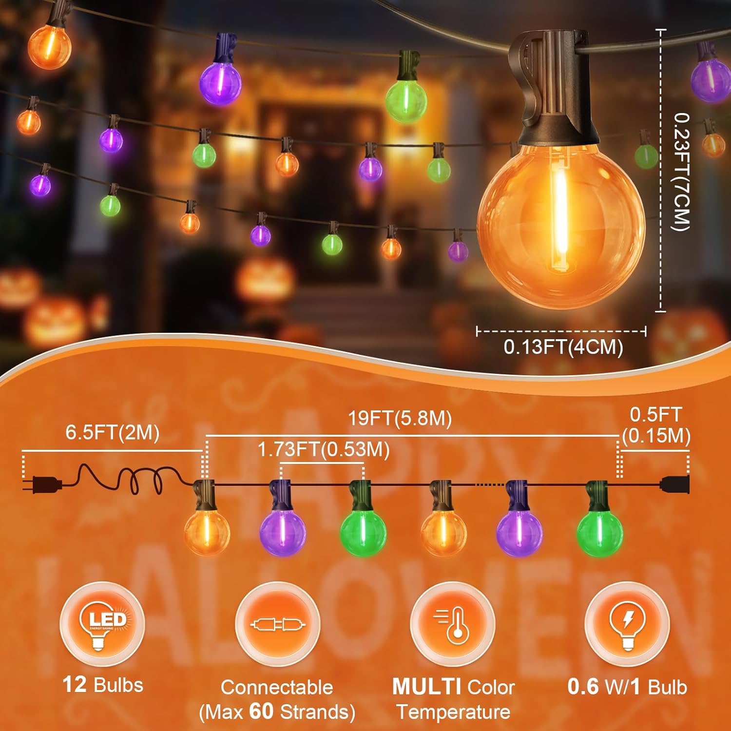 Globe Outdoor Halloween String Lights, 26FT Patio Lights with 12+1Edison Shatterproof Bulbs(1Spare), connectable Dimmable for Backyard Porch Decor,Orange Green Purple
