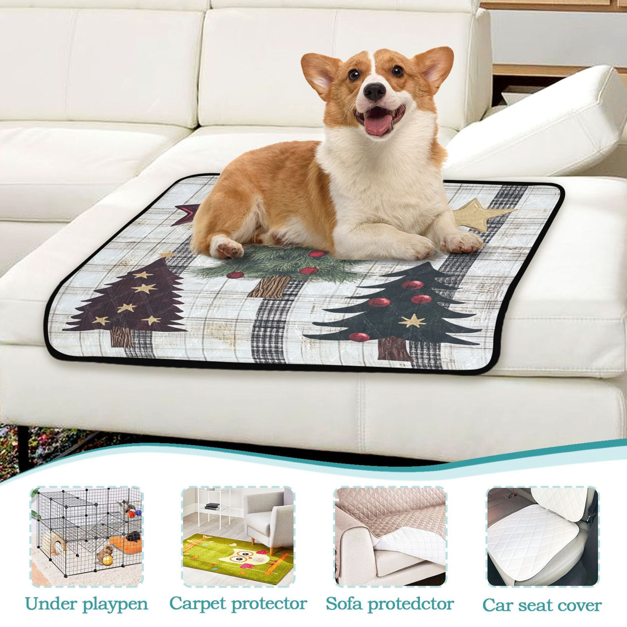 Qxltty Christmas Trees on Black Lines Pattern Cat litter Pads Pet Set of 3 Diaper Mats Center Anti-leakage Layer Absorbent Soft and Comfortable