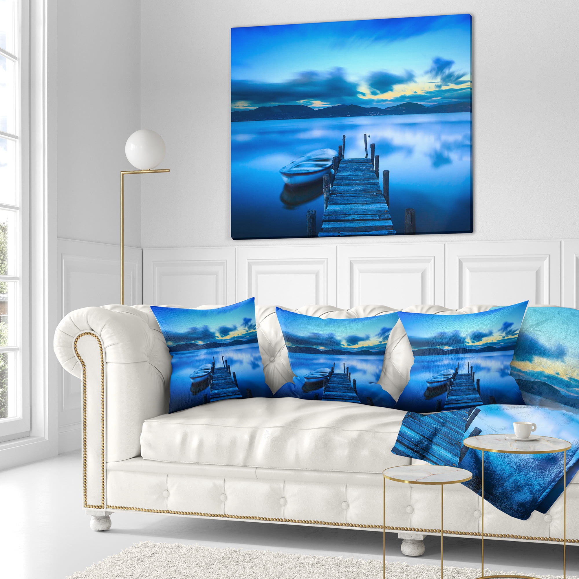 Designart Cloudy Blue Sky with Pier - Seascape Throw Pillow - 16x16