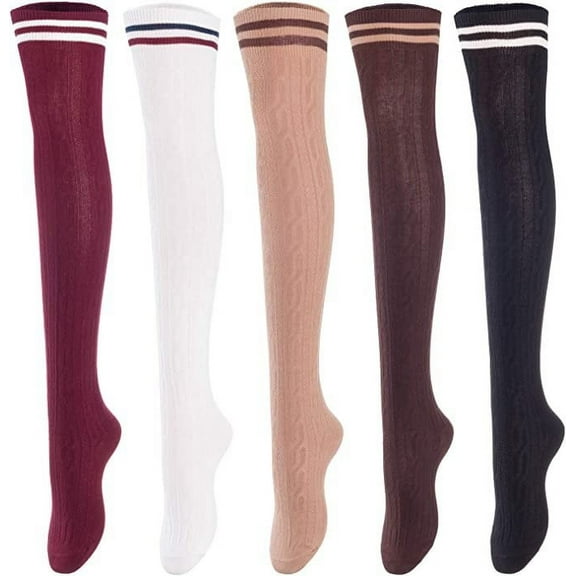 Lovely Annie Women's 5 Pairs Incredible Durable Super Soft Unique Over Knee High Thigh High Cotton Socks Size 6-9 A1023(Black,Cofe,Khaki,White,Wine)