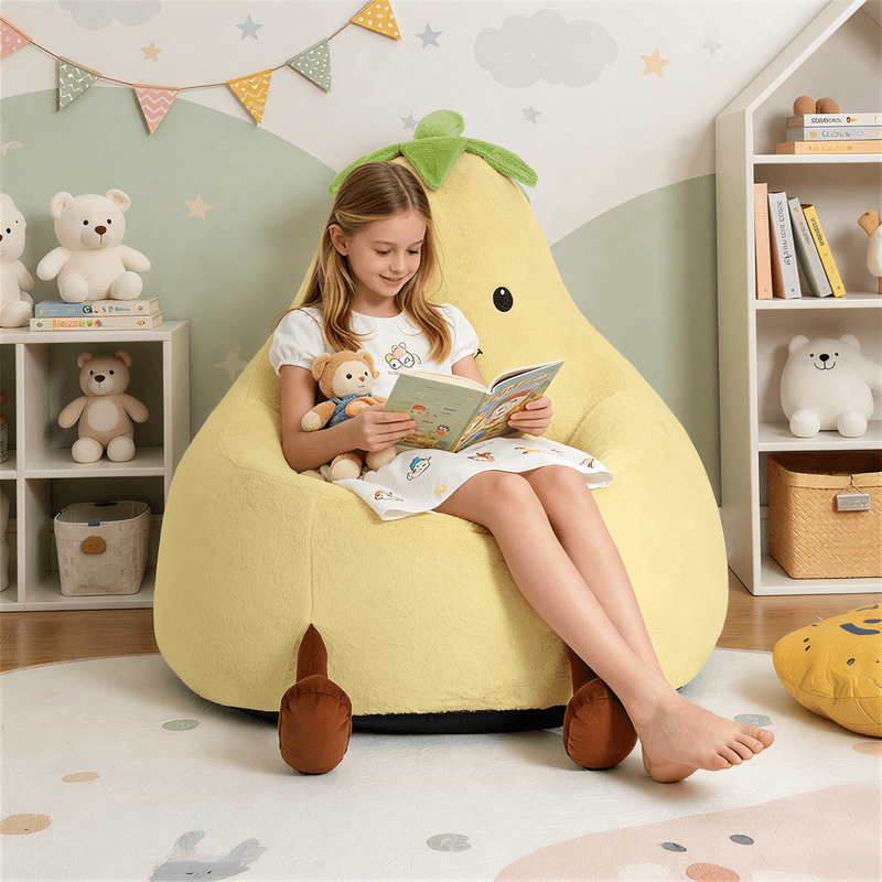 Simple Deluxe 2.5 ft Kids Bean Bag Chair, Faux Rabbit Fur Round Sofa with Handle and Washable Cover, Yellow