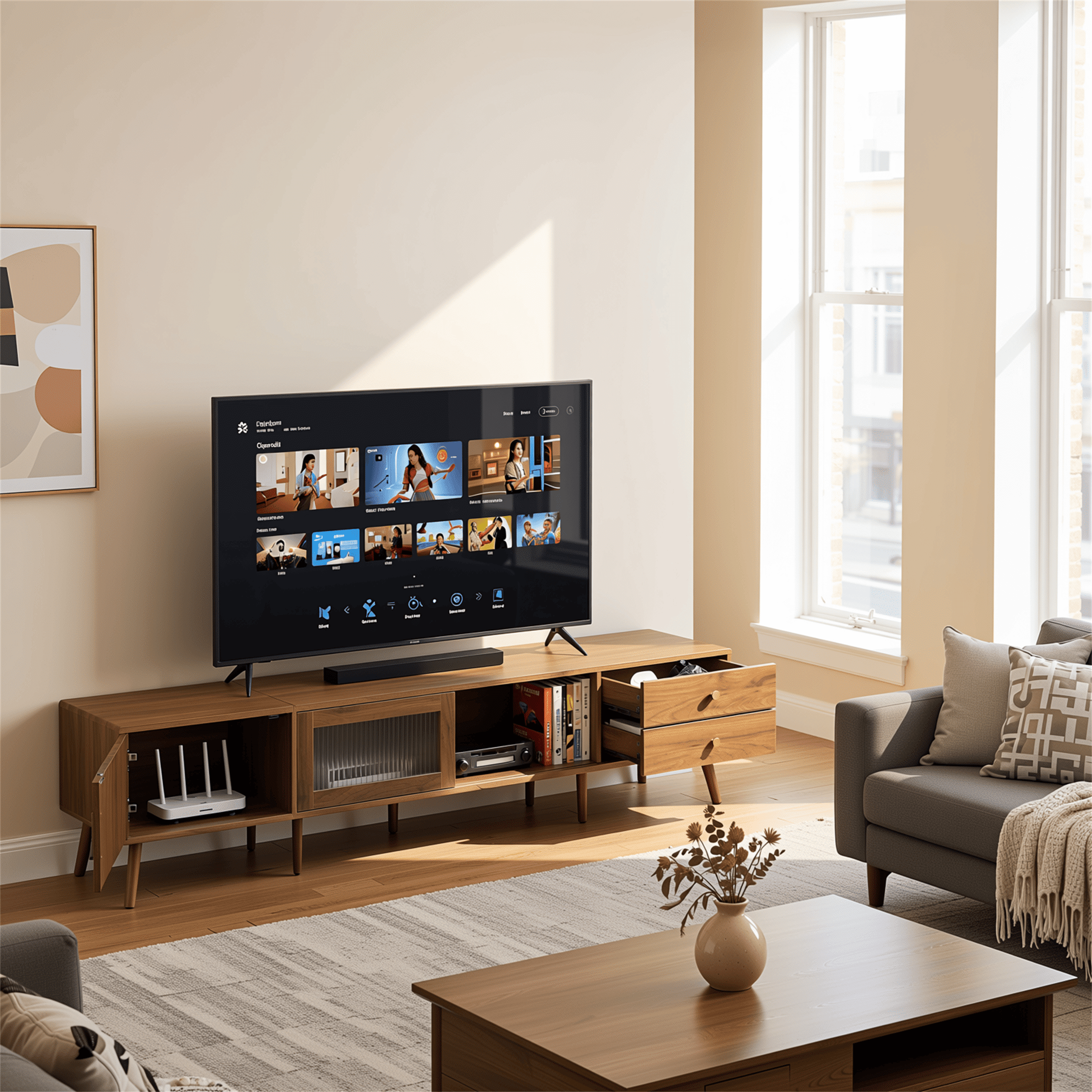 Homy Casa 76.7" Mid-Century Walnut TV Stand for 80" TVs with Sliding Glass Doors and 2 Drawers