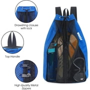 WANDF Mesh Swim Bag Beach Backpack with Wet Pocket, Waterproof Pool Bag with Full-Zip Opening for Women and Men,Drawstring Backpack for Swimming, Gym, Cruise,Waterpark Essentials(Navy Blue)