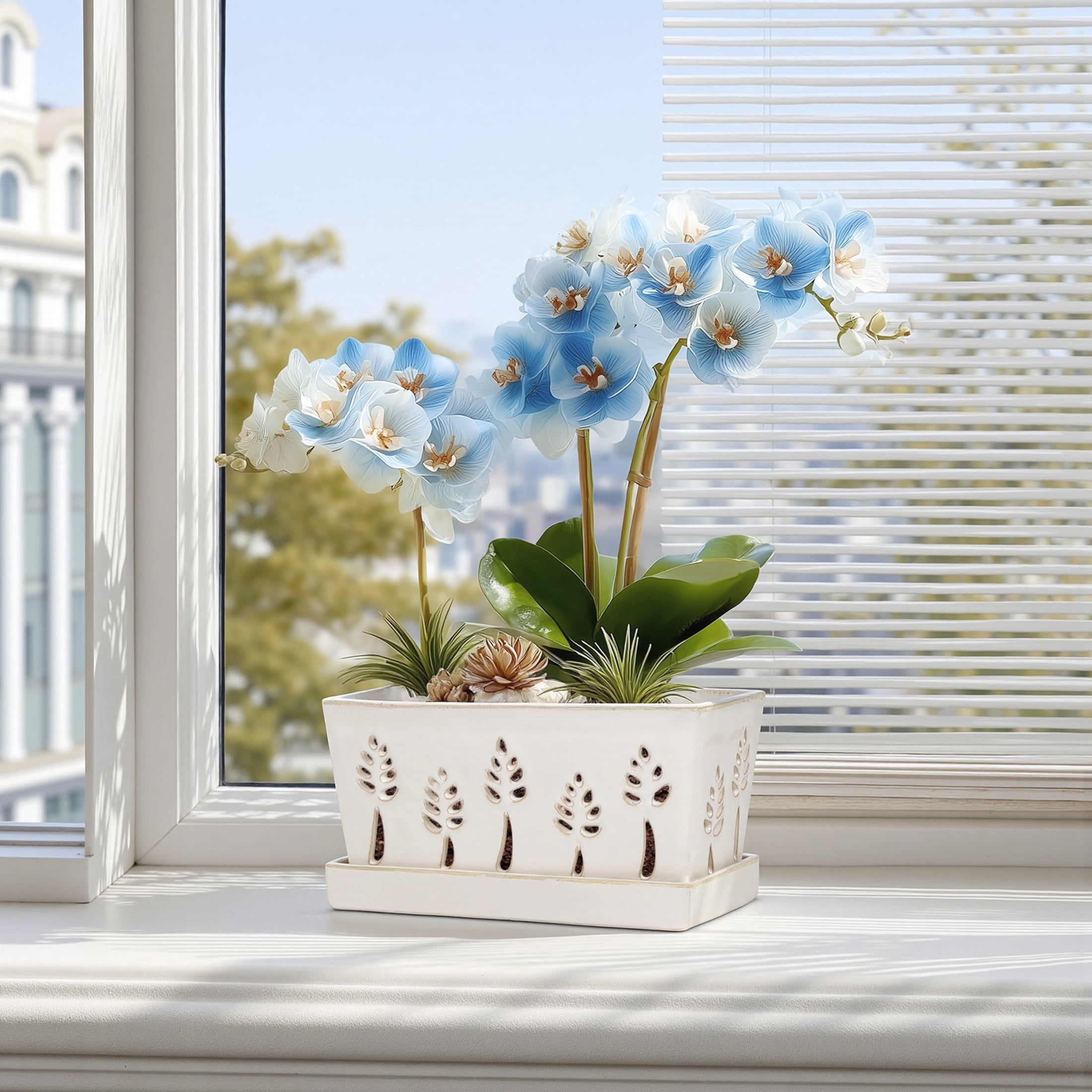 Ceramic orchid pot, 10 Inch rectangle orchid pots with holes & saucer , premium thickened Handmade Glazed Pot  for Easy Repotting
