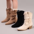 thumbnail image 6 of Slip On Slouchy Cowboy Boots for Women Wide Calf Pointed Toe Suede Ankle Boots Chunky Mid Heel Mid Calf Western Cowgirl Boots Khaki Size 9.5, 6 of 8