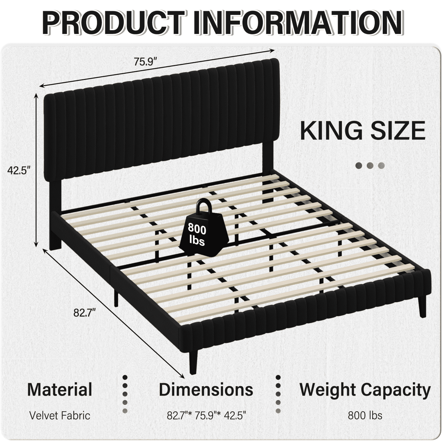 4 EVER WINNER King Size Bed Frame, King Size Upholstered Platform Bed Frame with Vertical Channel Tufted Headboard, Black King Bed Frame, Black
